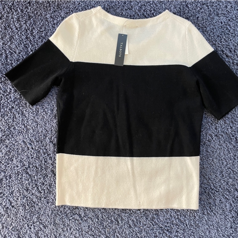 𝅺talbots Colorblock Merino Wool Short Sleeve Sweater Shirt Petite Large - Picture 8 of 8